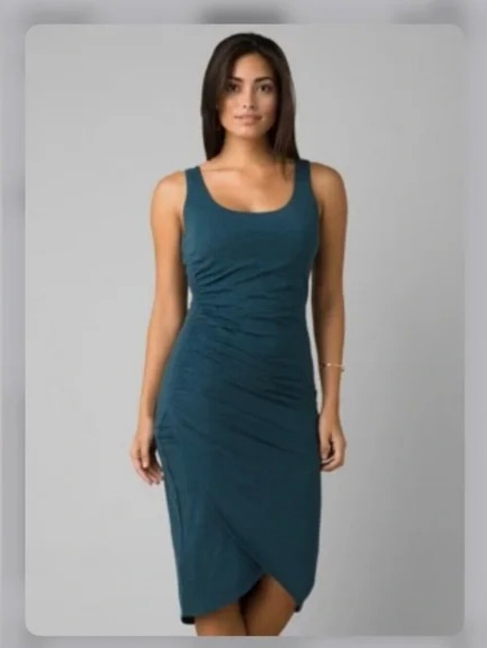 Prana Sydney Ruched Tank Tulip Hem Midi Dress Heathered Blue Small